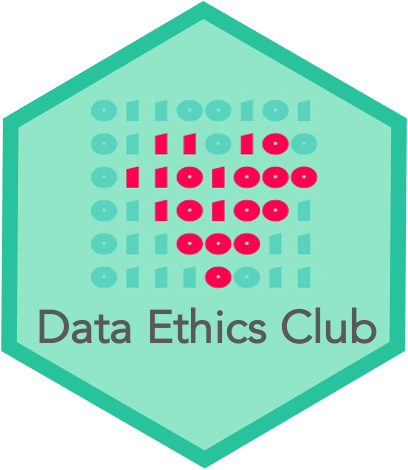 The Data Ethics Club logo - a teal hex-sticker lablled "Data Ethics Club" showing binary in darker teal with some numbers coloured pink-red to show a heart. The binary reads 01100101 01110100 01101000 01101001 01100011 01110011 which converts to "ethics".